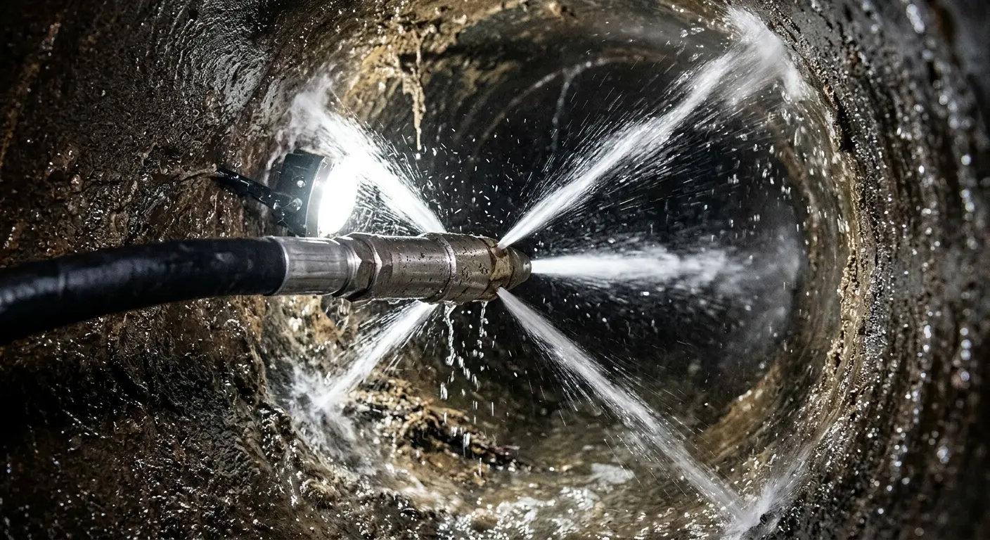 High-pressure hydro jetting nozzle cleaning sewer pipe for Emergency Drain Service in New Sewickley