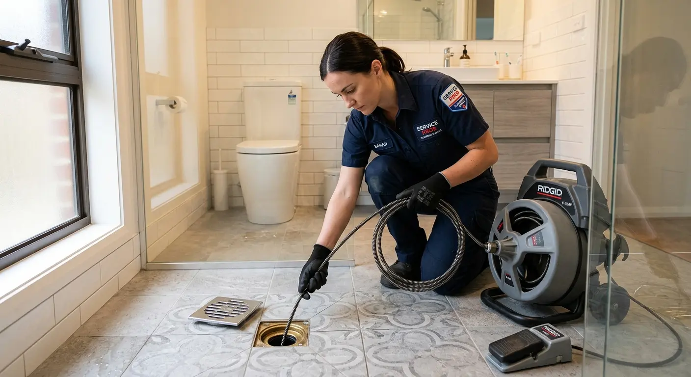Technician clearing a bathroom floor drain for Sewer Line Installation in New Sewickley